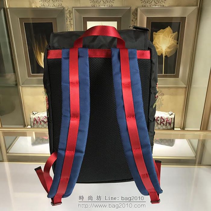 GUCCI 古馳男包 新款 450982 刺繡裝飾 古馳雙肩背包 黑色 GUCCI男背包